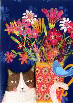 a painting of a cat sitting next to a vase of flowers