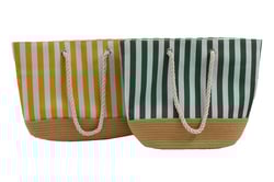 a yellow and green striped bag with rope handles