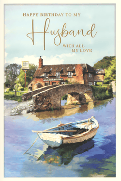 Celebrate his special day with our beautiful 'Husband' birthday card from Simon Elvin. This charming design features a tranquil, painterly scene of a traditional riverside inn, a quaint stone bridge, and a peaceful rowing boat on shimmering water. The heartfelt message, 'HAPPY BIRTHDAY TO MY Husband WITH ALL MY LOVE', is elegantly presented, making it the perfect way to express affection.

Crafted with care, this card offers a truly lovely sentiment for any husband. Ideal for retailers looking to offer high-quality, visually appealing birthday cards. Available in convenient packs of 6, ensuring you're well-stocked for your customers.
