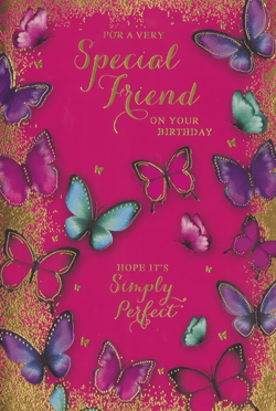 Celebrate special friendships with this gorgeous 'Friend Female' birthday card from Simon Elvin. Adorned with a vibrant array of colourful butterflies in shades of pink, purple, blue, and teal, set against a rich fuchsia background with sparkling gold accents, this card is truly eye-catching.
The elegant gold script conveys a warm message: 'For a Very Special Friend On Your Birthday, Hope It's Simply Perfect.' It's the ideal way to send heartfelt wishes to a cherished female friend.
Stock up on this beautiful design, perfect for any card display. Available in convenient packs of 6, ensuring you always have this popular choice on hand for your customers.