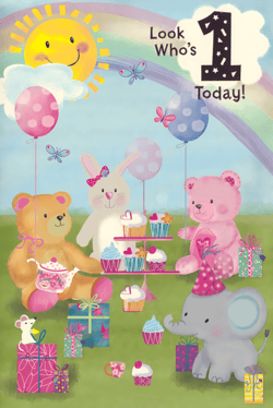 Celebrate a precious first birthday with this utterly charming Age 1 Female card. Featuring an enchanting scene, a smiling sun and rainbow watch over a delightful tea party. Adorable animal friends, including a sweet bunny, two cuddly bears, a playful elephant in a party hat, and a tiny mouse, gather amidst colourful balloons, delicious cupcakes, and beautifully wrapped presents.
This card is bursting with vibrant pinks, blues, and greens, creating a truly joyful and celebratory feel. The 'Look Who's 1 Today!' message takes centre stage, making it the perfect choice for a little girl's milestone birthday. Stock up on these delightful cards, supplied by Simon Elvin in convenient packs of 1x6, and help your customers share the joy of this special occasion.