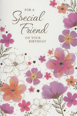 Celebrate special friendships with this beautiful 'Friend Female' birthday card from Simon Elvin. This exquisite design features a delightful array of floral illustrations, blending soft watercolour-style blooms in shades of pink, purple, and peach with elegant gold outlines. The heartfelt message, "For a Special Friend On Your Birthday", is presented in a charming script font, making it perfect for conveying warm wishes.
Ideal for your customers seeking a thoughtful and visually appealing card for their cherished friends, this design is sure to be a popular choice. Stock up on this lovely card, available in a convenient pack of 6.