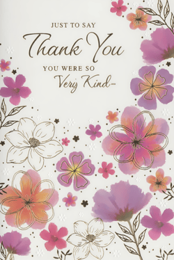 Express heartfelt gratitude with our beautiful 'Thank You' cards from Simon Elvin. This exquisite design features a delightful array of watercolour-style flowers in soft pinks, purples, and warm oranges, enhanced with elegant gold outlines. The delicate embossed details add a touch of sophistication, making each card feel truly special.
Perfect for conveying appreciation, the message "JUST TO SAY Thank You YOU WERE SO Very Kind" is beautifully scripted. Each pack contains 6 identical cards, ready to help your customers share their thanks in the most charming way. A wonderful addition to any card display, these cards are sure to be a popular choice.