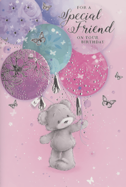 Celebrate a wonderful friendship with this enchanting birthday card! Featuring an adorable grey teddy bear gently holding a vibrant cluster of balloons, it's sure to bring a smile. The balloons shimmer with beautiful metallic accents, adorned with delicate butterflies and elegant floral patterns in shades of purple, teal, and pink. The heartfelt message, "FOR A Special Friend ON YOUR BIRTHDAY," is elegantly scripted, making it the perfect way to show you care. With its soft pink background sprinkled with charming details, this card exudes warmth and affection. A delightful choice for any female friend, this design comes in a convenient pack of 6, ready to stock your shelves.