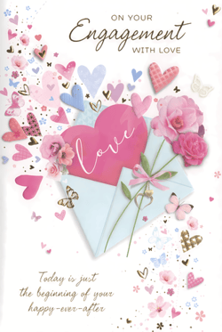 Celebrate new beginnings with this beautiful Engagement card from Simon Elvin. Adorned with a delightful array of pink and blue hearts, delicate butterflies, and charming floral accents, this card perfectly captures the joy of a special proposal. The sweet message, "Today is just the beginning of your happy-ever-after," complements the "ON YOUR Engagement WITH LOVE" sentiment. Each card is designed with intricate details and a soft colour palette, making it an ideal choice for congratulating a happy couple. Available in a convenient pack of 6, these cards are a must-have for any retailer looking to offer exquisite engagement greetings.