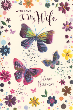 Celebrate her special day with this exquisite 'Wife' birthday card from Simon Elvin. This beautiful design features a stunning array of vibrant, embossed butterflies and delicate floral accents, set against a soft, creamy background. Scattered glitter adds a touch of sparkle, making this card truly stand out. The heartfelt message 'WITH LOVE To My Wife HAPPY BIRTHDAY' conveys warmth and affection. Perfect for retailers looking to offer a premium, eye-catching option for their customers. Each pack contains 6 identical cards, ensuring you're well-stocked for every occasion.