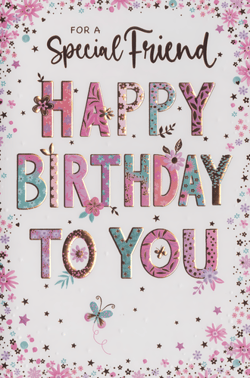 Celebrate a special friend's birthday with this charming card from Simon Elvin. Our 'Friend Female' design features a lovely mix of pastel pinks, blues, and purples, complemented by intricate floral patterns, subtle stars, and elegant gold foiling. The prominent 'HAPPY BIRTHDAY TO YOU' message stands out beautifully with its embossed finish, creating a delightful card for those cherished connections. Each card offers a quality feel, perfect for conveying warm wishes. Available in a convenient pack of 6, it's a wonderful choice to enhance your greeting card range.