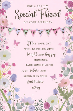 Celebrate a cherished bond with this lovely 'Friend Female' birthday card from Simon Elvin. Adorned with a beautiful array of watercolour-style flowers, delicate butterflies, and festive bunting, this card offers a warm and inviting design. The thoughtful message wishes a special friend a day filled with bright and happy moments, encouraging them to relax and enjoy their favourite way. Ideal for customers looking for a heartfelt way to celebrate, these cards come in a convenient pack of 6. The soft pink background and charming details make it a delightful choice for any friend's birthday.