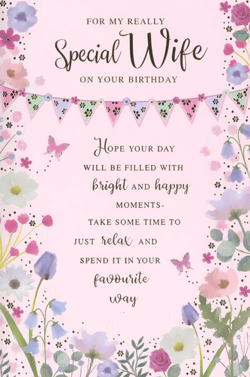 Help your customers celebrate their wives with this beautiful birthday card from Simon Elvin. Featuring a delightful pink background, this card is adorned with elegant watercolour florals, whimsical butterflies, and charming bunting, creating a very special design. The heartfelt message inside reads: "FOR MY REALLY Special Wife ON YOUR BIRTHDAY. Hope your day will be filled with bright AND happy MOMENTS- TAKE SOME TIME TO JUST relax AND SPEND IT IN YOUR favourite way." It's the perfect choice for expressing love and appreciation on a special day. Available in a convenient pack of 6, these cards are an ideal addition to any greeting card display, promising to be a popular pick for thoughtful shoppers.