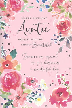 Make your Auntie's birthday extra special with this delightful card from Simon Elvin. Adorned with a charming watercolour floral design in vibrant pinks and blues, set against a soft pink background, it's truly eye-catching. The elegant script wishes her a "Happy Birthday, Auntie" and hopes her day will be "Simply Beautiful." Inside, a warm message reads, "Someone as special as you deserves a wonderful day," making it the perfect way to show your love and appreciation. This lovely card is ideal for retailers looking to offer a thoughtful and beautifully designed option for customers celebrating their beloved Aunties. Supplied in a wholesale pack of 6.