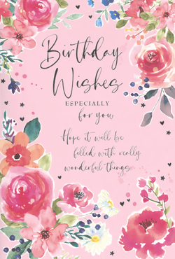 Celebrate her special day with this beautiful 'Open Birthday Female' card from Simon Elvin. Featuring a delightful watercolour floral design, this card is adorned with vibrant pink and red roses, delicate blue and white blossoms, and lush green foliage, all set against a soft pink background.

The heartfelt message, 'Birthday Wishes ESPECIALLY for you, Hope it will be filled with really wonderful things,' makes it perfect for any female recipient. Scattered hearts and subtle details add an extra touch of charm. Ideal for retailers, these lovely cards come in a convenient pack of 6, ready to brighten any birthday celebration.