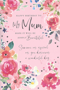 Celebrate Mum with this truly lovely birthday card from Simon Elvin. Featuring a delightful watercolour floral design in soft pinks, reds, and blues, it's adorned with charming little hearts and stars, creating a wonderfully warm aesthetic. The heartfelt message reads, "Happy Birthday to My Mum, Hope it will be Simply Beautiful. Someone as special as you deserves a wonderful day." This card perfectly captures the love and appreciation for a special Mum. Available in a convenient pack of 6, it's an ideal choice for retailers looking to offer beautiful, high-quality cards for this important occasion.
