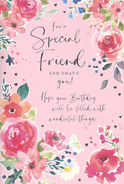 Celebrate a cherished friend's special day with this beautiful birthday card from Simon Elvin. Adorned with a delightful watercolour floral design in shades of pink, red, and blue, it features heartfelt wishes for a truly wonderful birthday. The elegant script reads, "For a Special Friend AND THAT'S you! Hope your Birthday will be filled with wonderful things." Perfect for showing appreciation to a dear female friend, this lovely card is sure to bring a smile. Available in a convenient pack of 6, it's an ideal addition to your greeting card selection.