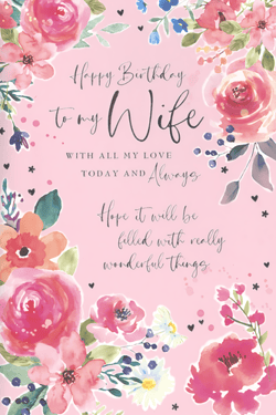Celebrate her special day with this truly beautiful 'Wife' birthday card from Simon Elvin. Adorned with a stunning watercolour floral design in vibrant pinks, reds, and blues, set against a delicate pink background, this card is sure to make her feel cherished. The heartfelt message reads: 'Happy Birthday to my Wife, WITH ALL MY LOVE TODAY AND Always. Hope it will be filled with really wonderful things.' Perfect for expressing your deepest affection, this card combines elegant artistry with a loving sentiment. Available in a convenient pack of 6, it's an ideal choice for retailers looking to offer premium birthday greetings for wives. Stock up on this gorgeous design and help your customers share their love.