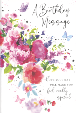 Offer your customers a truly delightful way to celebrate with this 'Open Birthday Female' card from Simon Elvin. Adorned with a vibrant watercolour floral design, featuring lush pink and purple blooms alongside graceful butterflies, this card exudes elegance and warmth.

The beautiful script conveys a heartfelt 'Birthday Message,' wishing the recipient a day that will 'feel really special.' Perfect for any female birthday, its artistic charm makes it a standout choice. Each pack contains 6 of these lovely cards, ensuring you're well-stocked with a popular and appealing design. A wonderful addition to your greeting card selection.