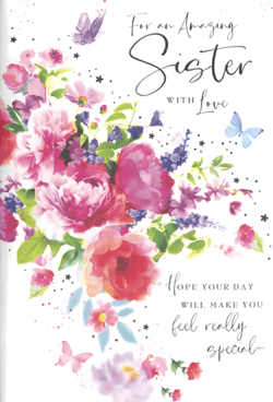 Celebrate an amazing sister with this gorgeous greeting card from Simon Elvin. Adorned with a vibrant watercolour bouquet of pink and purple flowers, delicate butterflies, and charming sparkle details, it's designed to make her feel truly special. The heartfelt message reads, "For an Amazing Sister WITH Love, HOPE YOUR DAY WILL MAKE YOU feel really special." This lovely card is perfect for birthdays, thank yous, or just to show you care. Supplied in a convenient pack of 6, it's a wonderful choice for your card selection.