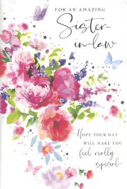Show your amazing Sister-in-law just how special she is with this beautiful greeting card from Simon Elvin. Featuring a stunning watercolour design, vibrant pink and purple flowers burst across the card, complemented by delicate butterflies and subtle sparkle details. The heartfelt message, 'FOR AN AMAZING Sister-in-law, HOPE YOUR DAY WILL MAKE YOU feel really special,' is sure to bring a smile to her face. Perfect for birthdays, anniversaries, or just to say hello, this card offers a touch of elegance and warmth. Available in a convenient pack of 6, ensuring you're always ready to celebrate your wonderful Sister-in-law.