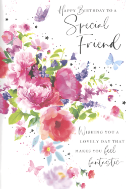 Make a special friend's birthday truly memorable with this gorgeous card from Simon Elvin. Adorned with a beautiful watercolour illustration, it features a vibrant bouquet of pink and purple flowers, complemented by delicate butterflies. The heartfelt message, 'Happy Birthday to a Special Friend', continues inside with wishes for a lovely day that makes them feel fantastic. This elegant design is perfect for celebrating a cherished female friend and is sure to brighten their special day. Available in convenient packs of six, it's an ideal addition to your greeting card range.