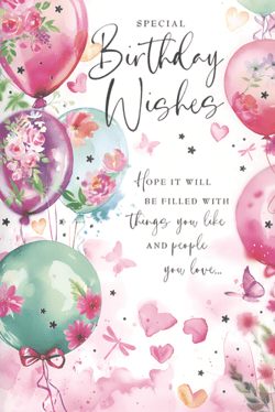 Send warm wishes with our charming 'Open Birthday Female' card, brought to you by Simon Elvin. This exquisite card features a beautiful watercolour illustration of colourful balloons in soft pink, purple, and teal, adorned with delicate floral designs. Playful butterflies, sweet hearts, and subtle star details complete the enchanting scene. The thoughtful message inside reads: "SPECIAL Birthday Wishes, HOPE IT WILL BE FILLED WITH things you like AND people you love...". Perfect for any female recipient, this card offers a lovely way to celebrate. Available in a convenient pack of 6, it's an ideal choice for retailers looking to stock a delightful and versatile birthday option.