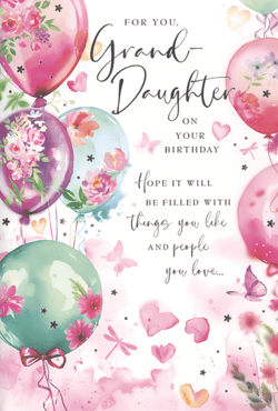 Celebrate a special granddaughter's birthday with this beautiful card from Simon Elvin. Adorned with a delightful watercolour design, it features an array of vibrant balloons, delicate flowers, fluttering butterflies, and sweet hearts in shades of pink, purple, and teal.

The heartfelt message reads: "FOR YOU, Grand-Daughter ON YOUR BIRTHDAY. HOPE IT WILL BE FILLED WITH things you like AND people you love..." It's the perfect way to send warm wishes and show your love. This charming card is sure to bring a smile to her face on her special day.

Product Name: Granddaughter
Supplier: Simon Elvin
Pack Size: 1x6