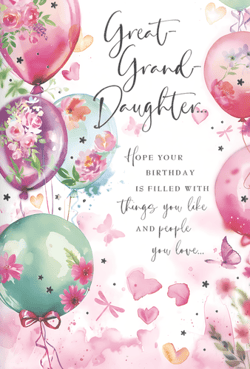Make a Great Granddaughter's birthday truly special with this beautiful card from Simon Elvin. Adorned with a charming watercolour design, it features an array of colourful balloons, delicate flowers, and playful butterflies, all in delightful shades of pink, purple, and teal. The sweet message inside wishes her a birthday "filled with things you like AND people you love..." – a perfect sentiment for her big day. This lovely card is designed to bring joy and warmth, making it an ideal choice for celebrating a cherished great-granddaughter. Supplied in a convenient pack of 6, it's a wonderful addition to any greeting card display.