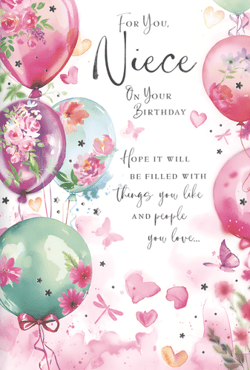 Celebrate your Niece's special day with this absolutely charming birthday card from Simon Elvin. Featuring a delightful watercolour design, this card is adorned with whimsical balloons, delicate flowers, fluttering butterflies, and sweet hearts in soft pinks, purples, and greens.

The heartfelt message inside wishes her a day 'filled with things you like AND people you love....' It's the perfect way to send warm wishes and show your Niece how much she means to you. This beautiful card is sure to stand out on any display. Each pack contains 6 identical cards, ready to bring joy to your customers. A truly lovely choice for any Niece's birthday!