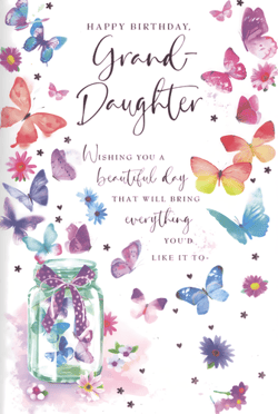 Celebrate your wonderful granddaughter's special day with this enchanting birthday card from Simon Elvin. The "Granddaughter" card features a delightful array of colourful butterflies, some fluttering freely and others gathered in a charming jar tied with a pretty ribbon. Delicate flowers add to the whimsical design, creating a truly magical feel.

The heartfelt message wishes her "a beautiful day that will bring everything you'd like it to," making it the perfect way to convey your love and warm wishes. This beautiful card is sure to bring a smile to any granddaughter's face. Available in a convenient pack of 6, you'll be well-stocked for those special family occasions.