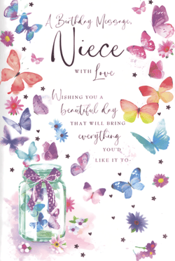 Celebrate your wonderful Niece's special day with this enchanting birthday card from Simon Elvin. Adorned with a delightful array of colourful butterflies in shades of pink, purple, blue, and yellow, this card is a true visual treat. A charming glass jar filled with fluttering butterflies adds an extra touch of magic, making it a truly memorable greeting.

The card beautifully conveys 'A Birthday Message, Niece WITH Love', wishing her 'A beautiful day that will bring everything you'd like it to'. This elegant design and warm sentiment make it an ideal choice for any Niece. Available in a convenient pack of 6, it's ready to bring joy to many.