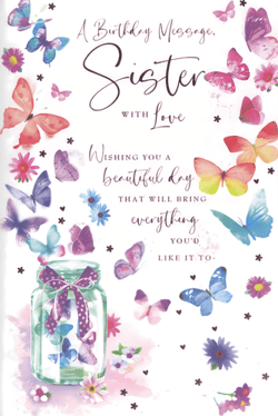 Make her birthday truly special with this delightful 'Sister' birthday card from Simon Elvin. Adorned with a captivating watercolour design, this card features a vibrant array of butterflies in shades of pink, blue, and purple, some even playfully captured within a charming glass jar. Delicate flowers and subtle heart accents complete the whimsical scene. The loving message inside wishes your sister "A beautiful day THAT WILL BRING everything YOU'D LIKE IT TO-". This card is the perfect way to convey your warmest wishes. Supplied in a handy pack of 6, it's an ideal addition to your greeting card selection, ready to bring joy to every customer.