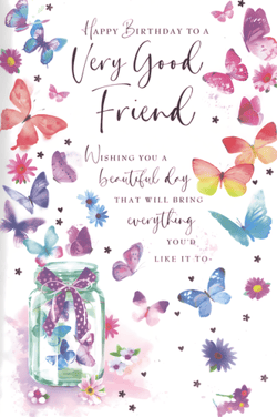 Wish a very special female friend a truly wonderful birthday with this enchanting card from Simon Elvin. Adorned with a gorgeous watercolour illustration, it features a flurry of vibrant butterflies and delicate blossoms, including a charming jar brimming with winged beauties. The heartfelt message reads, 'Happy Birthday to a Very Good Friend, Wishing you a beautiful day that will bring everything you'd like it to.' This lovely card is perfect for celebrating those cherished friendships. Supplied in a handy pack of 6, ensuring you're always ready to share a thoughtful greeting.