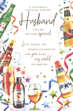 Celebrate your husband's special day with this delightful birthday card from Simon Elvin. Perfect for showing him just how much he means to you, this card features a vibrant design with illustrations of refreshing beers, celebratory confetti, and sparkling stars. The heartfelt message reads: "A BIRTHDAY MESSAGE FOR MY Husband YOU'RE SO VERY special Love makes the world go around AND you make my world GO AROUND." It's a wonderful way to express your love and appreciation. This charming card is sold in a convenient pack of 6, ensuring you're ready for future celebrations or can offer a great selection to your customers. A truly special card for a truly special husband!