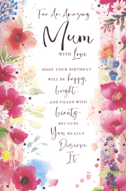 Celebrate the wonderful Mums in your life with this truly beautiful birthday card. Featuring a stunning watercolour design, vibrant pinks, reds, and blues burst forth, creating a cheerful and artistic feel. The heartfelt message reads, "For An Amazing Mum WITH Love, Hope your birthday will be happy, bright... and filled with beauty - BECAUSE You REALLY Deserve It." It's the perfect way to show appreciation and make her day extra special.

This gorgeous card is sure to bring a smile.
Product name: Mum
Pack size: 1x6
Supplier: Simon Elvin