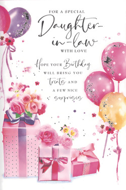 Make her birthday truly memorable with this beautiful Daughter-in-law card from Simon Elvin. Designed with love, this vibrant card features a delightful array of pink and purple balloons, elegant roses, and charming gift boxes, all adorned with sparkling details. The heartfelt message inside wishes her a day filled with "treats and a few nice surprises", conveying warmth and affection. It's the perfect way to show appreciation and make her feel truly cherished on her special day. This gorgeous card is a wonderful addition to any greeting card display. Supplied in a convenient pack of 6, it's ready to bring joy to your customers.