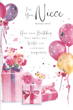 Celebrate your wonderful Niece's special day with this enchanting birthday card from Simon Elvin. This delightful design features a charming array of pretty pink, purple, and golden balloons, some adorned with sparkling confetti details, creating a truly festive atmosphere.
Beneath the cheerful balloons, beautifully wrapped gift boxes in various shades of pink are nestled amongst delicate floral arrangements, adding a touch of elegance and sweetness. The heartfelt message, "Hope your Birthday will bring you treats AND A FEW NICE surprises," is beautifully scripted, making it the perfect way to send your love.
Stock up on this lovely card, available in a convenient pack of 6, ensuring you have the ideal greeting for every Niece. It's a truly special card that's sure to bring a smile to her face!