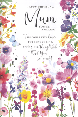 Show Mum how much she means with this gorgeous "Happy Birthday, Mum" card from Simon Elvin. Adorned with a stunning watercolour illustration of vibrant flowers and delicate butterflies, this card is bursting with charm. The heartfelt message on the front reads: "YOU'RE AMAZING. This comes with love FOR BEING SO KIND, caring AND thoughtful. Thank You so much!" It's the perfect way to celebrate her special day and convey your appreciation. Each pack contains 6 of these lovely cards, making them a wonderful addition to any retail collection.