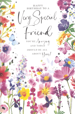 Brighten her special day with this exquisite 'Friend Female' birthday card from Simon Elvin. Featuring a beautiful watercolour design of vibrant flowers and delicate butterflies, it's a truly lovely way to celebrate. The heartfelt message inside reads: 'Happy Birthday to a Very Special Friend, You're Amazing and Today Should Be All About You!' This delightful card is perfect for showing a cherished friend just how much they mean to you on their birthday.