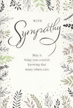 Offer a gentle message of support with our 'Sympathy' card, thoughtfully designed by Simon Elvin. This beautiful card features an elegant border of delicate leafy branches in soft, muted greens and greys, creating a serene backdrop. The heartfelt message, 'WITH Sympathy,' is presented in a graceful script, followed by the comforting words: 'May it bring you comfort knowing that many others care.' It's the perfect choice for customers looking to convey genuine care and understanding during difficult times. Available in a convenient pack of 6, ready for your store.