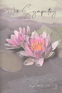 Offer a gentle message of comfort with our beautiful Sympathy card from Simon Elvin. This thoughtful design features serene pink water lilies floating peacefully on calm waters, rendered in a soft, painterly style. Delicate white outlines and subtle water droplets add a touch of elegance and realism. The heartfelt message "With Sympathy" is complemented by "Wishing you strength with each new day," providing a comforting sentiment during difficult times. Perfect for conveying support, this card is supplied in a convenient pack of 1x6, ensuring your customers have a sensitive option readily available. A truly touching card for those moments when words are hard to find.