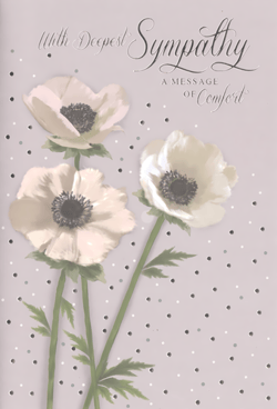 Offer your customers a heartfelt way to express their condolences with our beautiful Sympathy cards from Simon Elvin. This elegant design features three delicate white anemone flowers, their soft petals and dark centres creating a serene and comforting image. The gentle grey background is subtly enhanced with scattered dots, adding a touch of understated grace. The message "With Deepest Sympathy" and "A MESSAGE OF Comfort" is presented in exquisite script, conveying warmth and understanding during difficult times. Available in a convenient pack size of 1x6, these cards are perfect for retailers looking to provide a thoughtful and high-quality option for their customers.