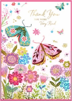 a thank you card with butterflies and flowers on it .