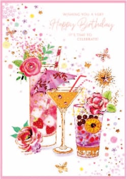 a birthday card with two martini glasses and flowers on it .