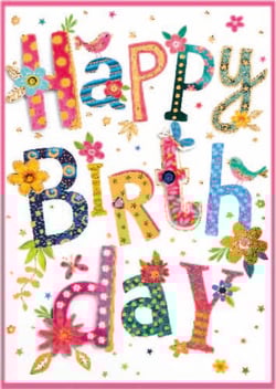 a happy birthday card with colorful letters and flowers