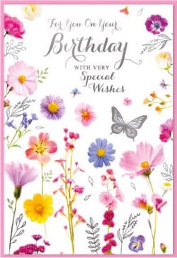 a birthday card with flowers and a butterfly on it