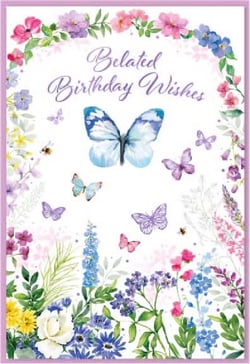 a birthday card with butterflies and flowers on it
