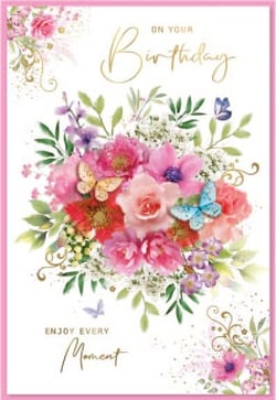 a birthday card with a bouquet of flowers and butterflies on it .