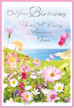 a birthday card with flowers and butterflies and the words `` on your birthday have a really amazing time ''