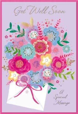a get well soon card with a bouquet of flowers and an envelope .