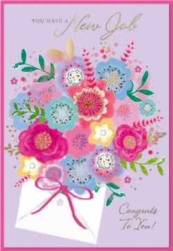 a congratulations card for a new job with a bouquet of flowers in an envelope .