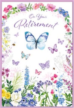 a retirement card with butterflies and flowers on it