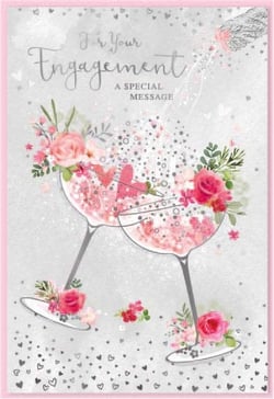 a for your engagement greeting card with two wine glasses filled with pink flowers .